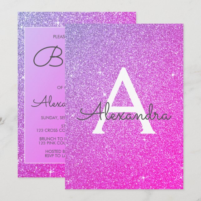 Purple Pink Sparkle Glitter Baptism Invitation (Front/Back)