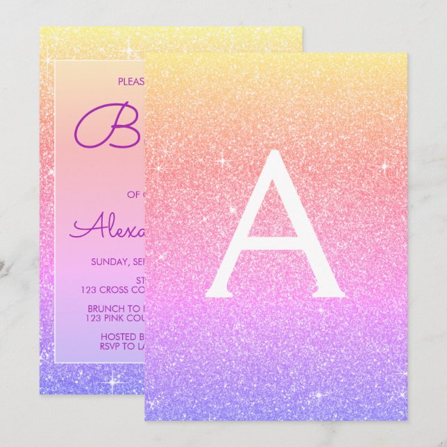 Purple Pink Sparkle Glitter Baptism Invitation (Front/Back)