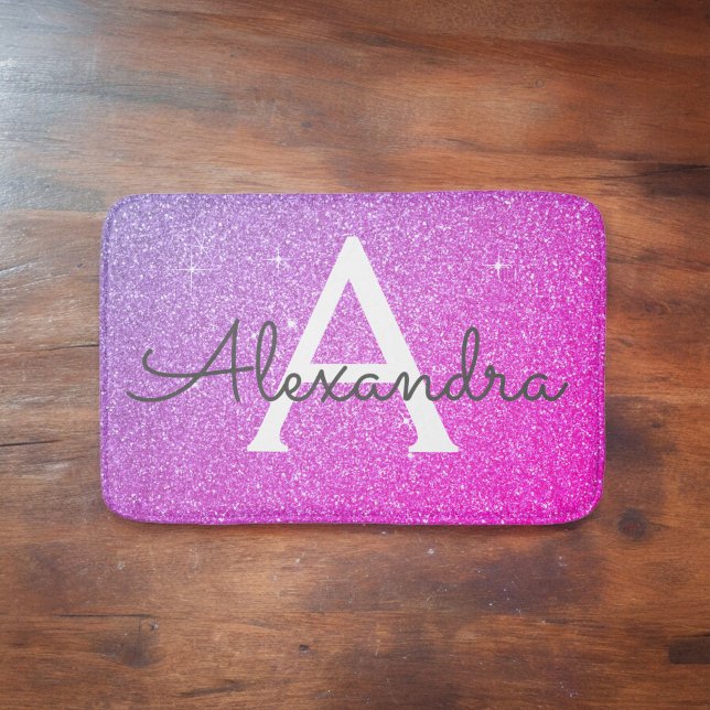Purple Pink Sparkle Glitter Monogram Name Bath Mat (Creator Uploaded)