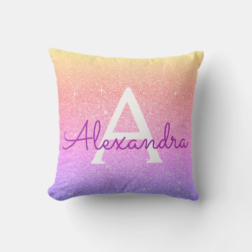 Purple Pink Sparkle Glitter Monogram Name Throw Pillow