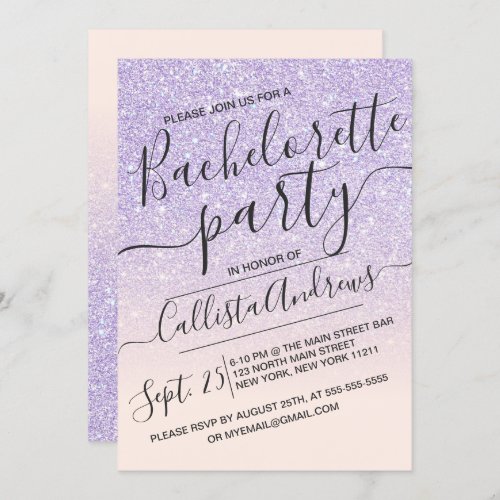 Purple Pink Sparkly Glitter Ombre Bachelorette Invitation