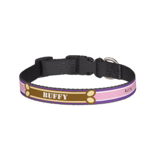 Purple Pink Stripes Dog Bone Name Pet Collar