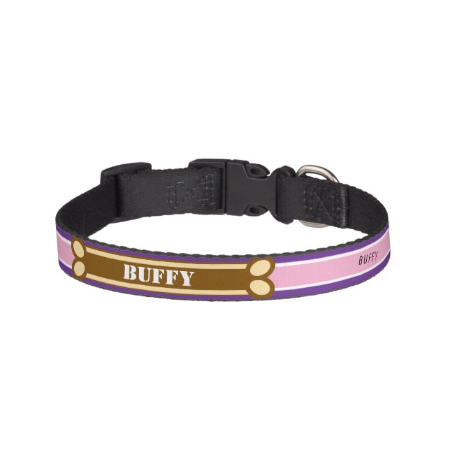 Purple Pink Stripes Dog Bone Name Pet Collar (Front)