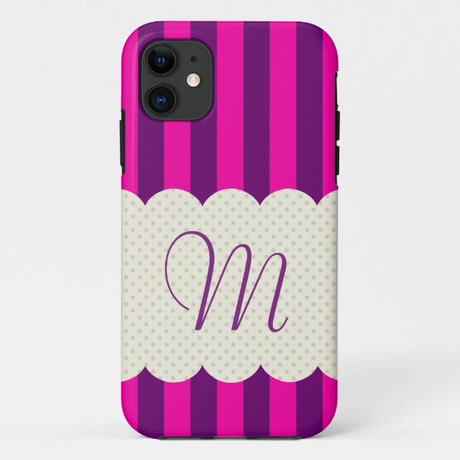Purple Pink Stripes Polka Dots Monogram Case-Mate iPhone Case (Back)
