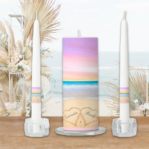 Purple Pink Sunset Beach Wedding 2 Hearts Sand Unity Candle Set
