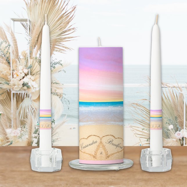 Purple Pink Sunset  Beach Wedding 2 Hearts Sand Unity Candle Set (Creator Uploaded)