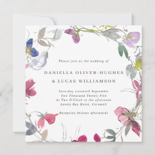 Purple & Pink Sweet Pea Wreath Square Wedding Invitation