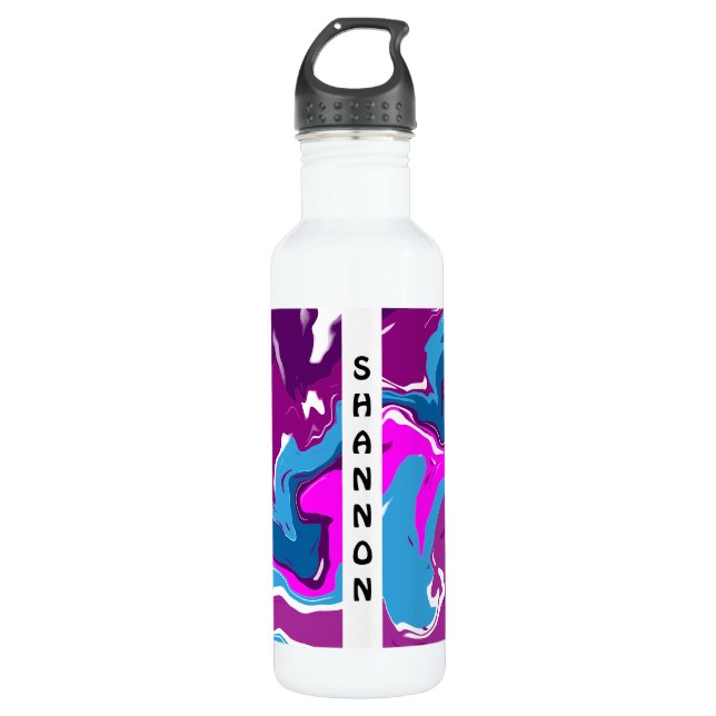 Purple, Pink Swirls Fluid Art Personalized Stainless Steel Water Bottle (Front)