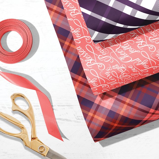 Purple & Pink Tartan Plaid Christmas Typography Wrapping Paper Sheets (Creator Uploaded)