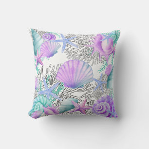 Purple Pink Teal And White Seashells Throw Pillow