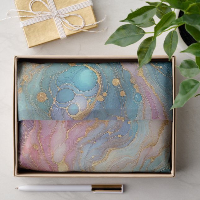 Purple Pink Teal Aqua Blue Gold Marble Art Pattern Tissue Paper (Gift)