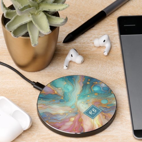 Purple Pink Teal Aqua Blue Gold Marble Art Pattern Wireless Charger