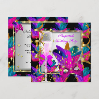 Purple Pink Teal Blue Masquerade Party Birthday Invitation