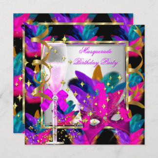 Purple Pink Teal Blue Masquerade Party Birthday Invitation