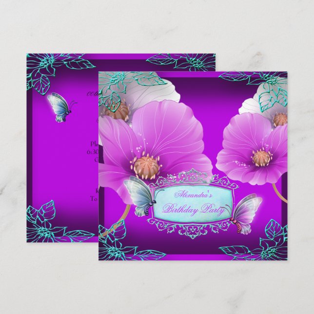 Purple Pink Teal Butterfly Birthday Party 2 Invitation (Front/Back)