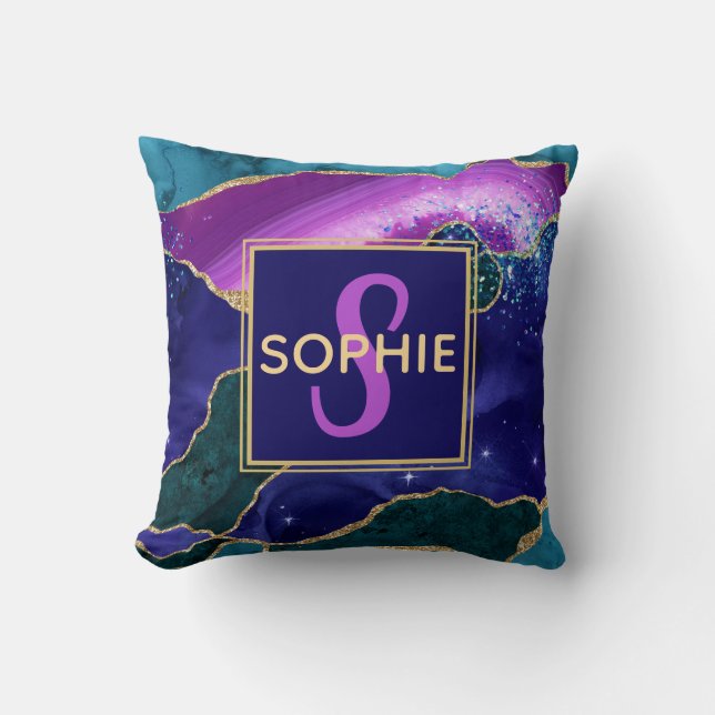 Purple, Pink & Teal Faux Gold Glitter Agate Throw Pillow (Front)