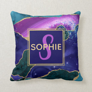 Purple, Pink & Teal Faux Gold Glitter Agate Throw Pillow