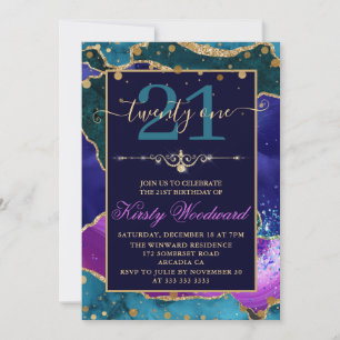 Purple, Pink & Teal Gold Glitter Agate Birthday Invitation
