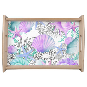 Purple Pink Teal Starfish Coastal Shells Pattern Serving Tray