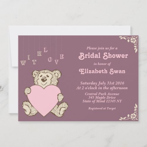 Purple Pink Teddy Bear Bridal Shower Invitation
