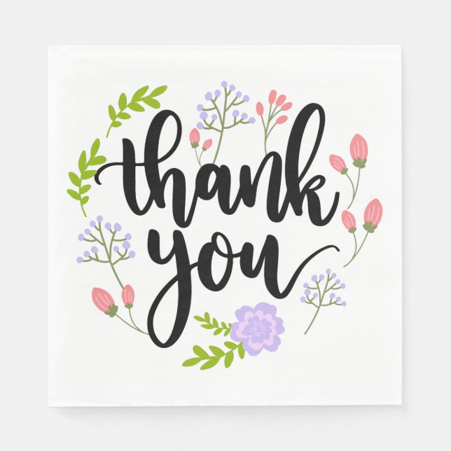 Purple Pink Thank You Flower Green Floral Wedding Napkins (Front)