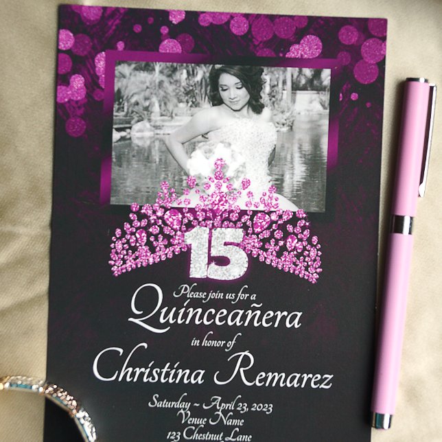 Purple, Pink Tiara Quinceanera Invitation (Pink and purple quinceanera invitation, pink gemstone tiara, glitter silver 15 for mis quince)