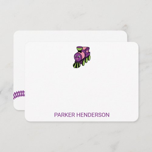 Purple Pink Toy Train Personal Kids Stationery Thank You Card