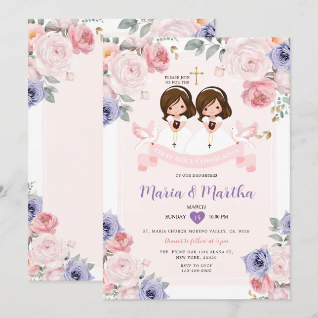 Purple & Pink TWIN Girl 1st Holy Communion Floral Invitation | Zazzle
