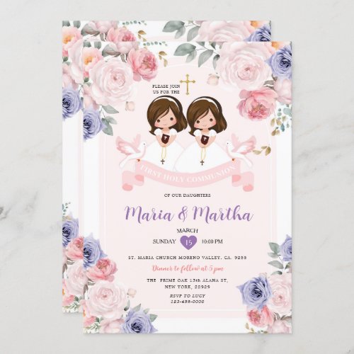 Purple  Pink TWIN Girl 1st Holy Communion Floral Invitation