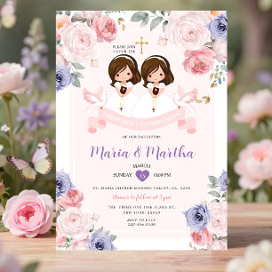 Purple & Pink TWIN Girl 1st Holy Communion Floral Invitation