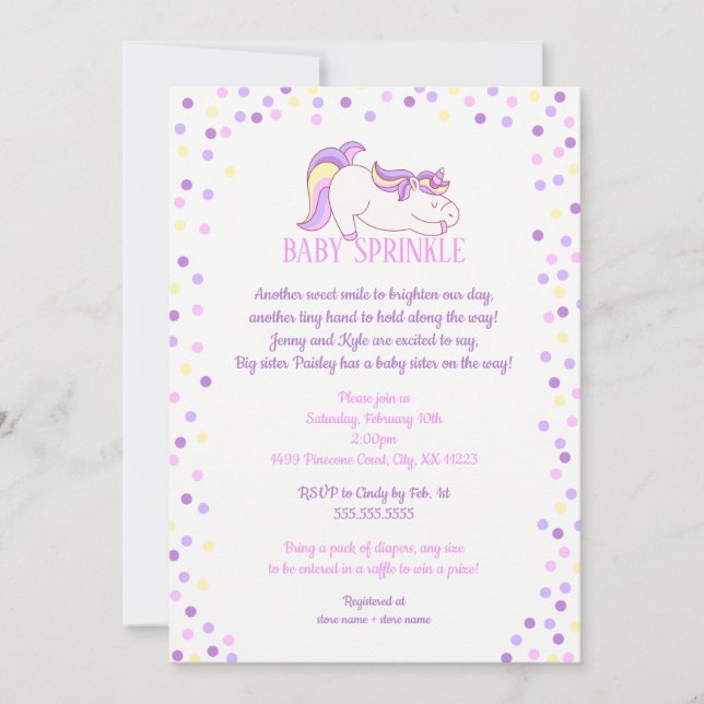 Purple Pink Unicorn Baby Sprinkle invitation (Front)