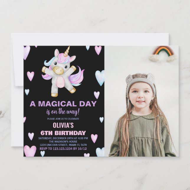 Purple Pink Unicorn Birthday Invitations photo (Front)