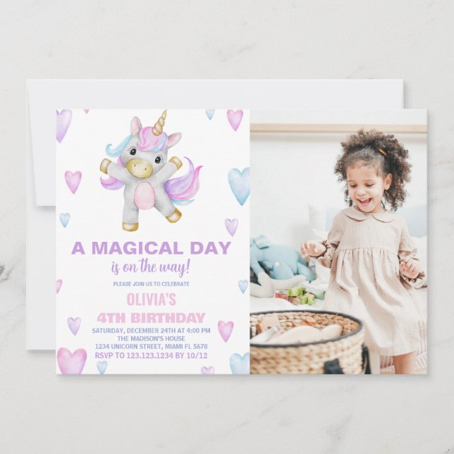 Purple Pink Unicorn Birthday Invitations w photo (Front)
