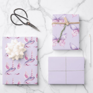 Purple Pink Unicorn Birthday Wrapping Paper Sheets