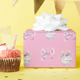 Purple Pink Unicorn Floral Cupcakes Birthday Wrapping Paper