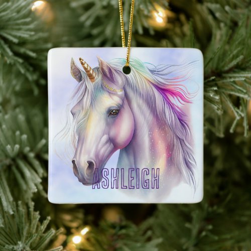 Purple Pink Unicorn Name Ceramic Ornament