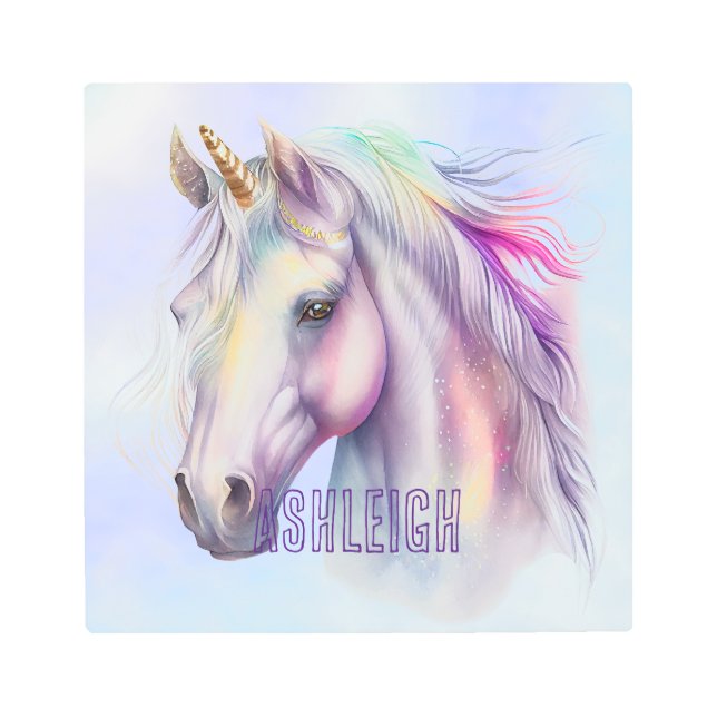 Purple Pink Unicorn Name Metal Print (Front)