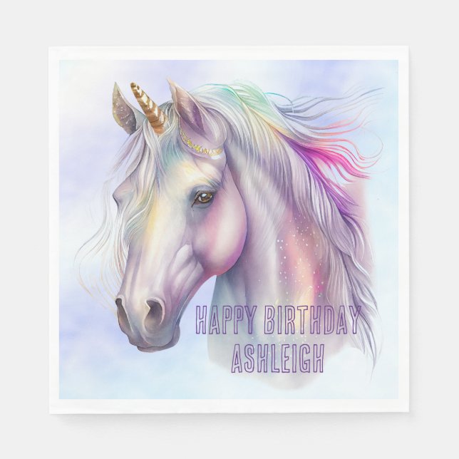 Purple Pink Unicorn Name Napkins (Front)