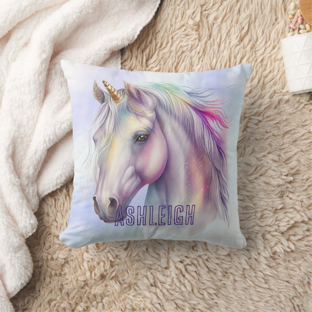 Purple Pink Unicorn Name Throw Pillow (Blanket)