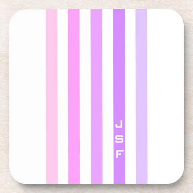 Purple & Pink Vertical Stripes Monogram Beverage Coaster (Front)