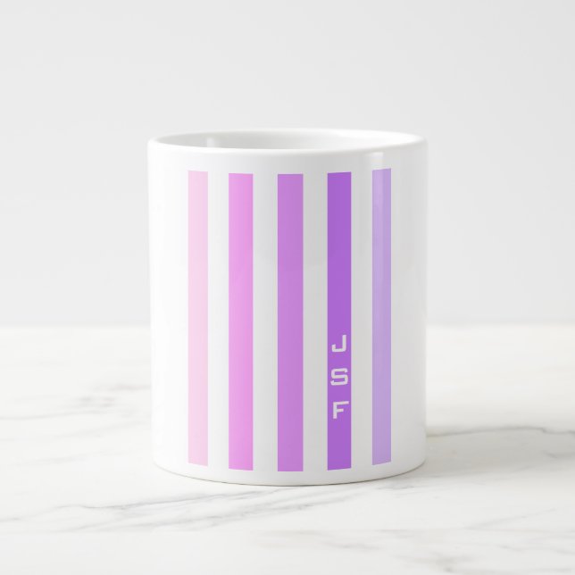 Purple & Pink Vertical Stripes Monogram Giant Coffee Mug (Front)