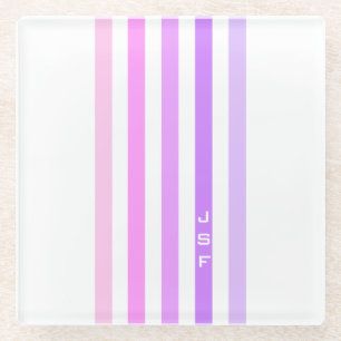 Purple & Pink Vertical Stripes Monogram Glass Coaster