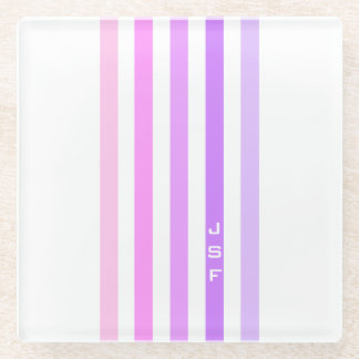 Purple & Pink Vertical Stripes Monogram Glass Coaster