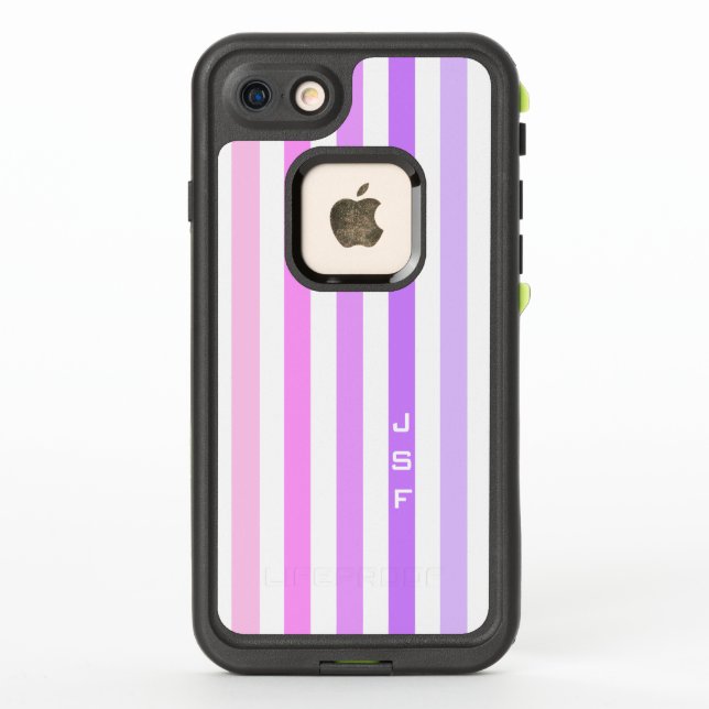 Purple & Pink Vertical Stripes Monogram LifeProof iPhone Case (Back)
