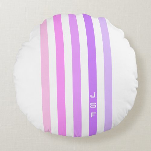 Purple  Pink Vertical Stripes Monogram Round Pillow