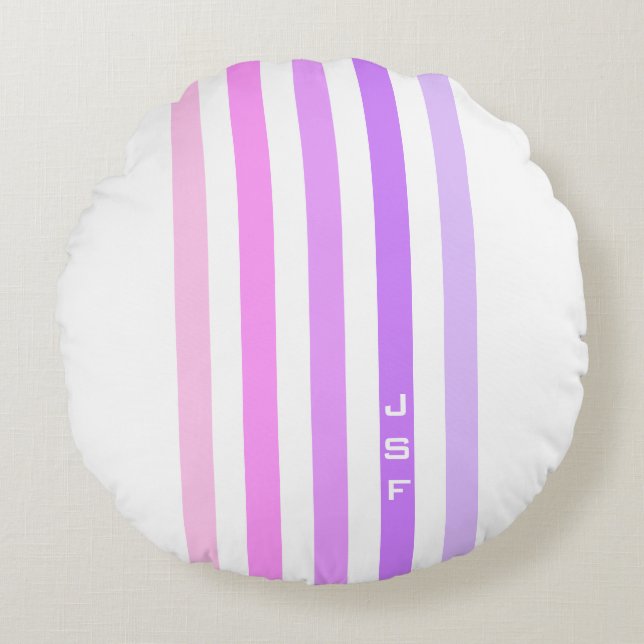 Purple & Pink Vertical Stripes Monogram Round Pillow (Front)