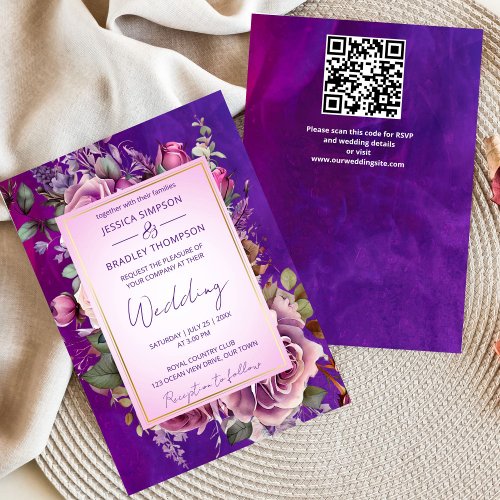 Purple pink vintage roses elegant wedding invitation