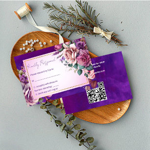 Purple pink vintage roses elegant wedding RSVP card