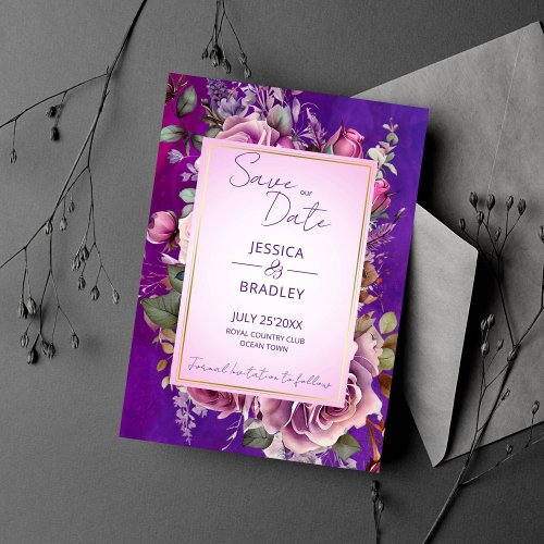 Purple pink vintage roses elegant wedding save the date