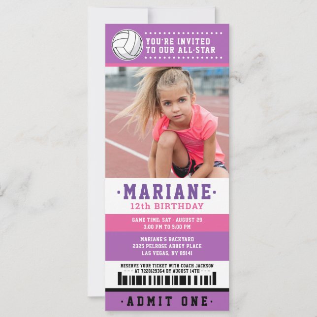 Purple Pink Volleyball Ticket Birthday Photo Invitation (Front)